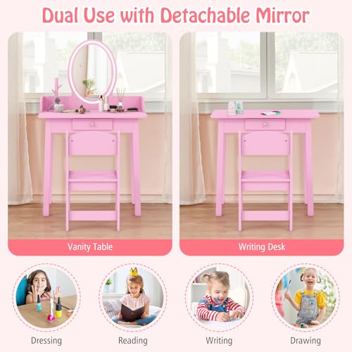 Kids Vanity Set with Lighted Mirror and Chair, 2-in-1 Toddler Makeup Table