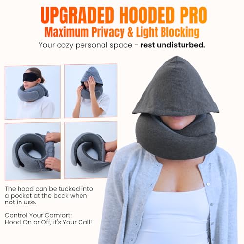 Hooded Pro Travel Pillow - Memory Foam Neck Support, Cotton Fabric