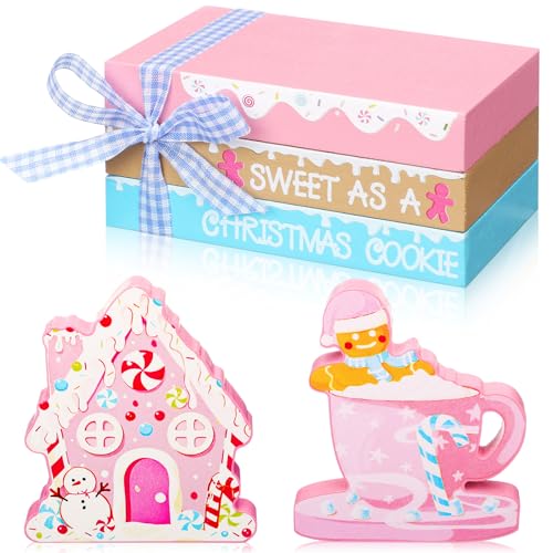 Gingerbread Man House Sign Set - Pink Christmas Table Decor (5 Pcs) - Includes Pastel Books & Coffee Cup Sign