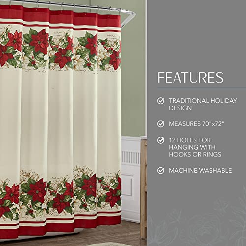 Poinsettia Holiday Fabric Shower Curtain - Red White, 70 x 72 in