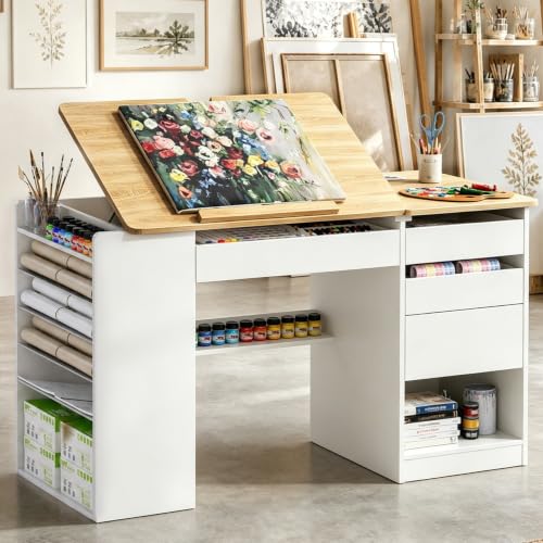 Adjustable Drafting Table with Storage Shelves & Built-In Charging Station
