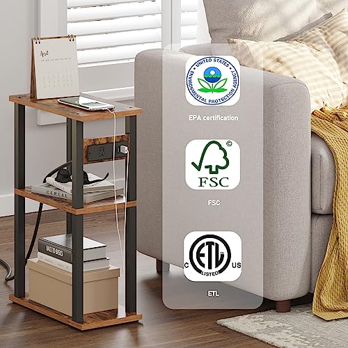 Narrow Side Table with Charging Station, 3-Tier Slim End Table with USB