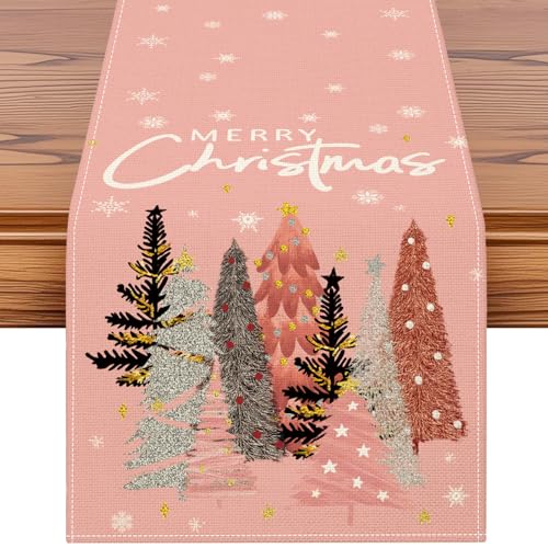 OTOSTAR Merry Christmas Table Runner 13x72 Inch - Pink Tree Snowflake Farmhouse Kitchen Decor