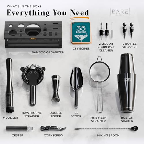 Bare Barrel Mixology Bartender Kit Jet Black 28oz Boston Shaker, 16-Piece Bar Set with Recipe Cards