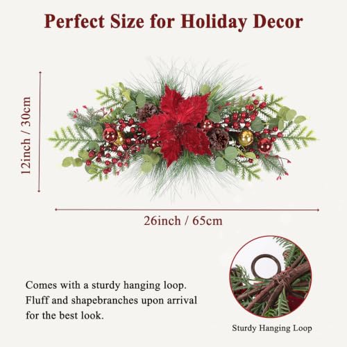 26 Inch Christmas Swag for Front Door with Poinsettias Flower - Red Berry Poinsettia