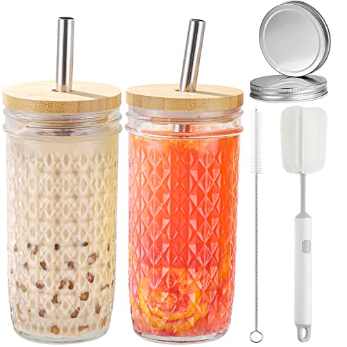 ASANMEYO Clear Glass Mason Jar Set 24oz with Bamboo & Airtight Lids, Reusable Drink Cups for Smoothies & Iced Coffee