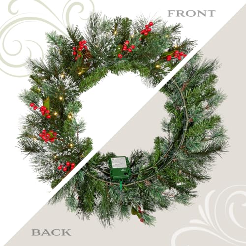 24in Battery-Operated Pre-Lit Wintry Pine Christmas Wreath with Cones & Berries