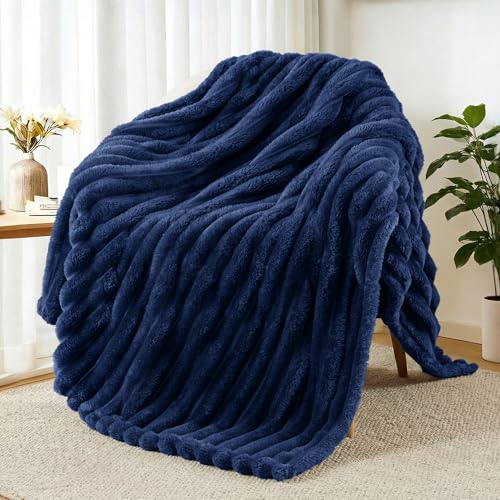 Exclusivo Mezcla Navy Blue Striped Fleece Throw Blanket 50x60 inches