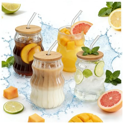 8 oz Ribbed Glass Tumbler Set with Bamboo Lids and Straws - 4 Pack