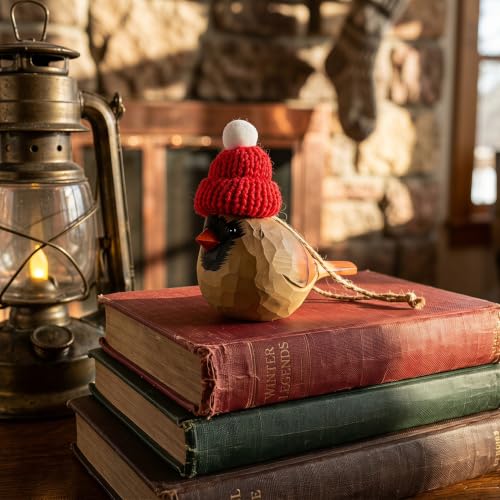 Hand-Carved Wooden Cardinal Ornament with Red Knit Hat - Gift Boxed