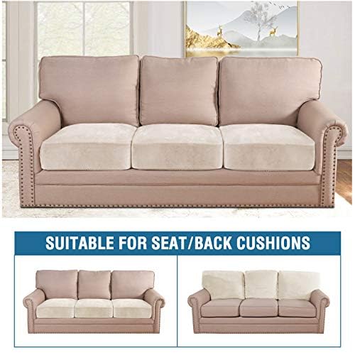 H.VERSAILTEX Velvet Stretch Couch Cushion Cover Plush Cushion Slipcover for Chair Loveseat Sofa Cushion Furniture Protector Seat Cushion Sofa Cover (3 Piece Sofa Cushion Covers, Ivory)