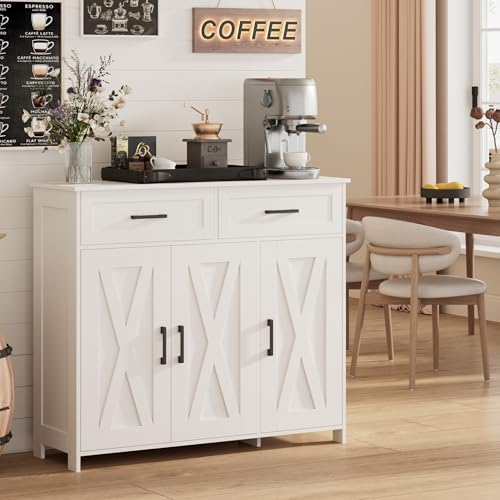 Farmhouse Coffee Bar Cabinet with Drawers and Adjustable Shelves, White