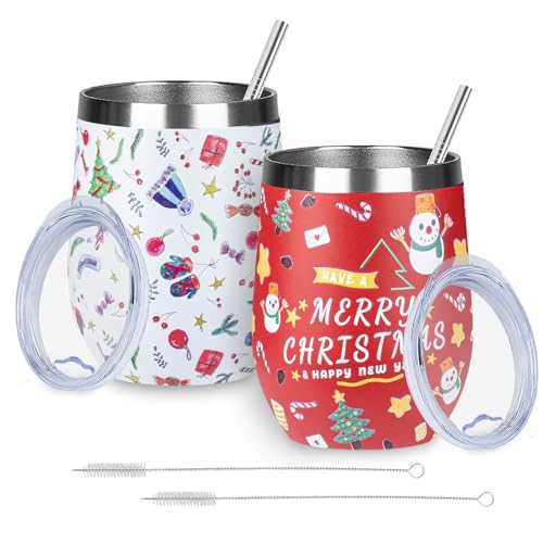 FristChoice 12oz Christmas Wine Tumblers Set with Lids & Straws - Holiday Insulated Stemless Cups, 2 Pack