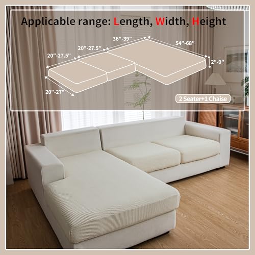 Washable Stretch Sofa Cushion Covers for Sectional & L-Shaped Sofas (2 Seat + Chaise, Ivory)