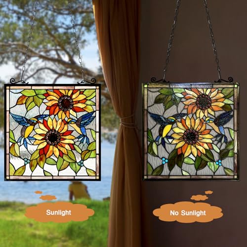 Handcrafted Sunflower Stained Glass Window Panel with Birds