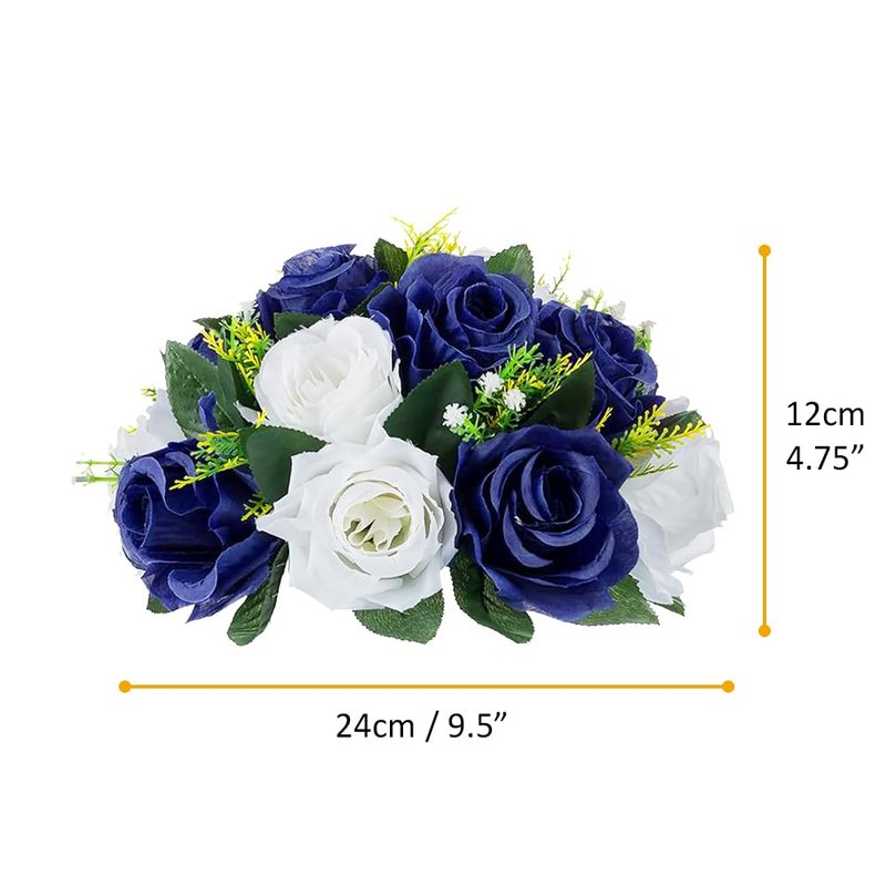 QUTUNI 10Pcs Fake Flower Ball Arrangement Bouquet, 9.5" 15 Heads Plastic Roses with Base,Suitable for Parties Valentine's Day Wedding Centerpiece Flower Rack and Home Décor (Navy Blue & White)
