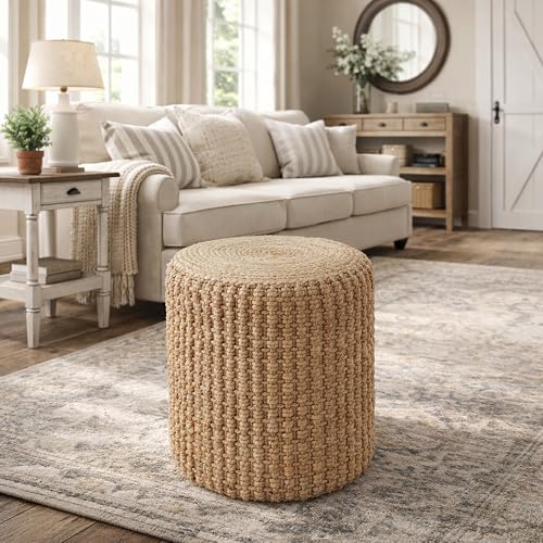 Handwoven Seagrass Round Pouf Ottoman 18-Inch Boho Footrest