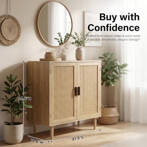 Boho Sideboard Buffet Cabinet with Rattan Doors, Kitchen Storage Console