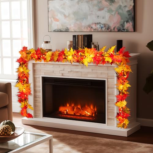 9ft Lit Fall Leaves Garland with 50 Bulbs - Plug-In Autumn Mantle Decor