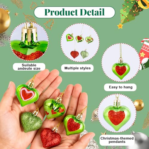30 Pcs 5 Styles Lime Green Christmas Heart Ornaments 1.8 Inch Glittering Heart Shaped Tree Hanging Ornaments for Christmas Anniversary Wedding Party Valentine Mother's Day Decoration