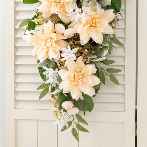 28-Inch Peach Dahlia Artificial Floral Teardrop Swag for Front Door
