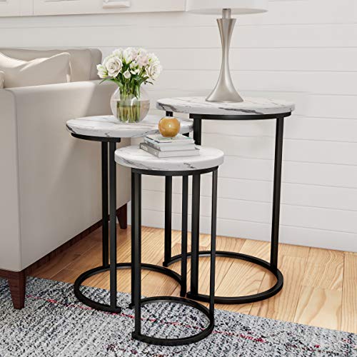 3-Piece Round Nesting Side Table Set, Faux Marble Top with Metal Base