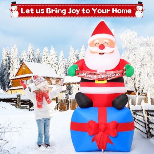 GOOSH 6 ft Christmas Santa Inflatable with LED Lights – Seated Santa on Gift Box with Banner