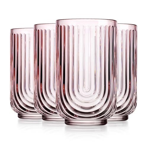 Glaver's Pink 17oz Vintage Glassware Set of 4 Art Deco Ribbed Drinking Tumblers