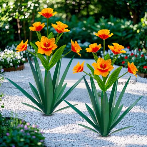 Metal Agave Plant Sculpture - 2 Pack Large Orange Garden Yard Art Decor