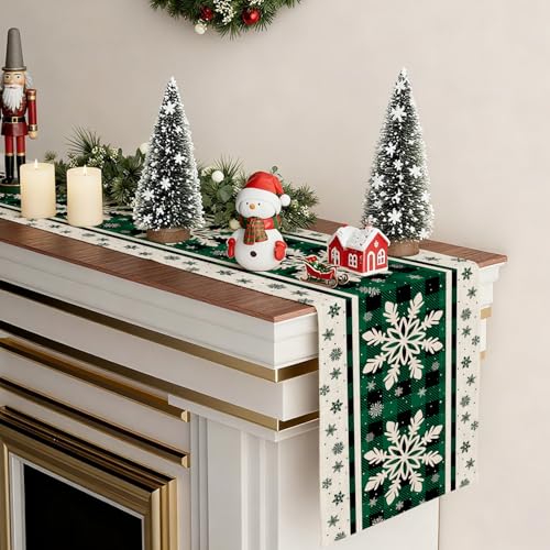 OTOSTAR Green Buffalo Plaid Snowflake Christmas Table Runner 13x60 Inches for Holiday Decor