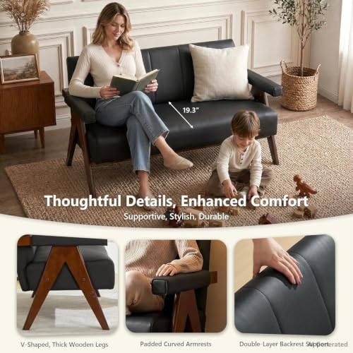 3-Piece Mid-Century Modern Faux Leather Sofa and Accent Chair Set