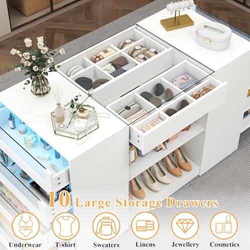 Modern Closet Island with 10 Drawers, Glass Top, and LED Lighting - White