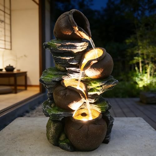 4-Tiered Tabletop Water Fountain with LED Lights, 17.9-Inch Resin Waterfall