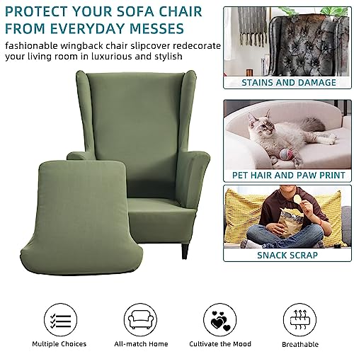Wingback Chair Covers - 2-Piece Green Slipcovers for Armchairs