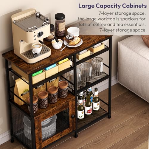 Rustic Farmhouse Coffee Bar Cabinet with Storage and Mesh Shelf