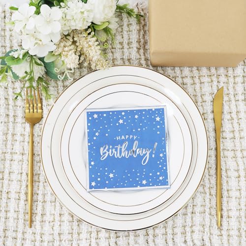 Vuzvuv Confetti HBD Blue 52 Pack Happy Birthday Cocktail Napkins 3-Ply, Silver Foil, 5" Folded, Party Supplies