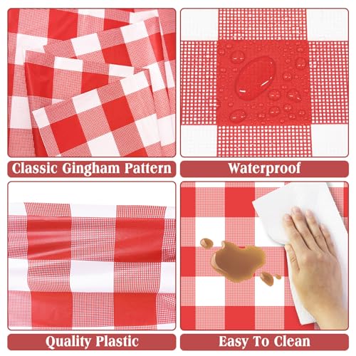 2 Pack Red Gingham Disposable Tablecloths, 54 x 108 Inch Plastic Table Cover