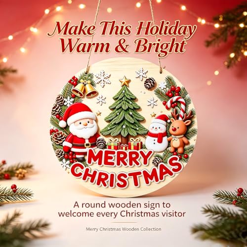 RHUISHU Round Christmas Wooden Welcome Door Sign Holiday Decor for Front Porch