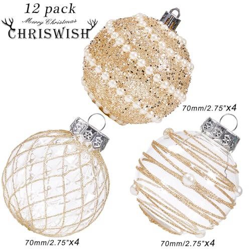 Christmas Ball Ornaments Set - Champagne 70mm Shatterproof Plastic Decorations with Pearl Accents - Variation of THIS listing