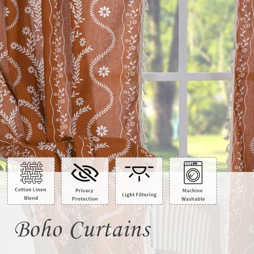 Floral Rust Orange Linen Curtains 96" Length - 2 Panels