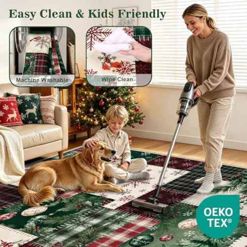 AtawLege 6' x 9' Christmas Area Rug - Red & Green Patchwork w/ Snowflake & Pine
