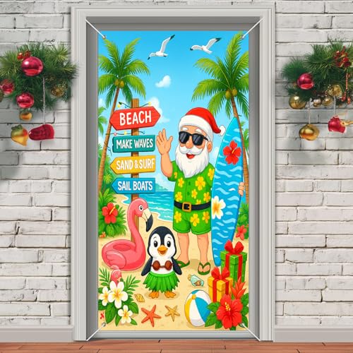 Christmas Surfboard Santa Door Cover Banner 71 x 35 Inches Holiday Decor