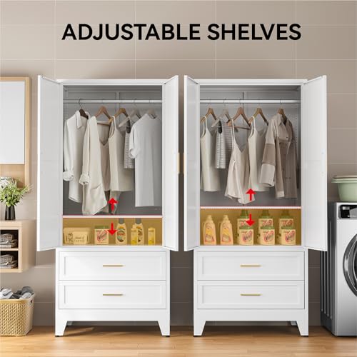 71" Metal Wardrobe Closet with 2 Drawers, Hanging Rod & Adjustable Shelf