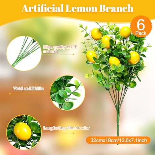 6 Pack Artificial Lemon Branches - Vivid Yellow Faux Lemons for Home Decor