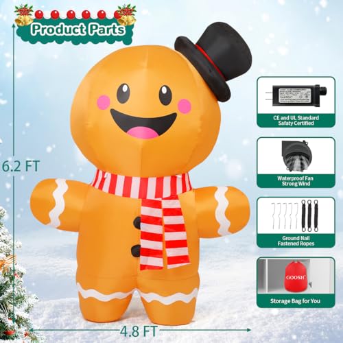 GOOSH 6.2 FT Inflatable Christmas Gingerbread Man with LEDs for Outdoor Holiday Decorations