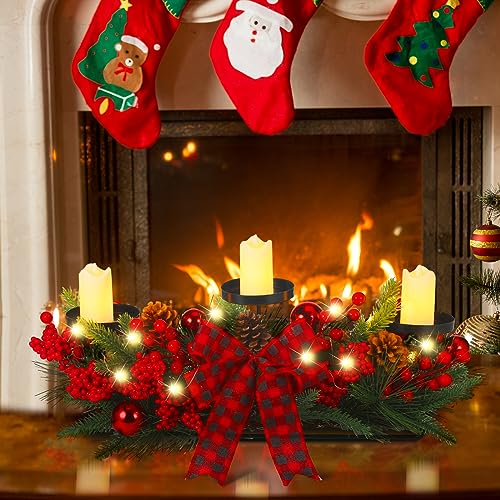 Christmas Table Centerpiece with 3 LED Candle Holders & Pine Cones
