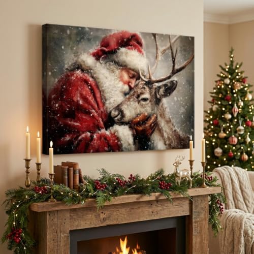 Vintage Santa and Reindeer Christmas Wall Art Canvas Print 16x12in Framed