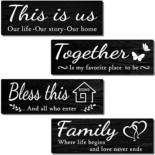 4-Piece Rustic Wooden Wall Decor Signs with Family Quotes for Home Living Room