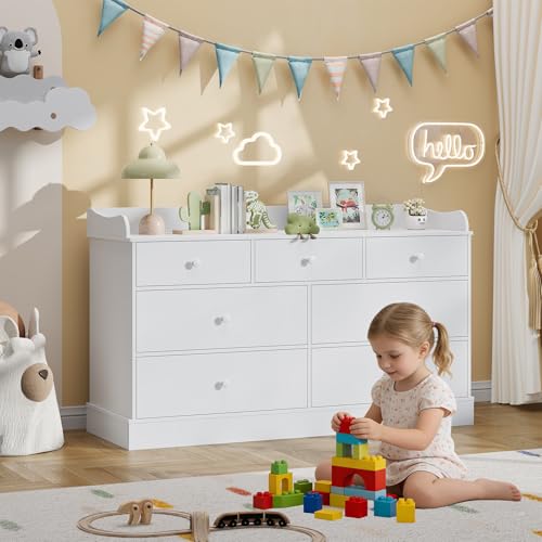7-Drawer Kids Dresser with Raised Edge Top - White Nursery Storage Cabinet