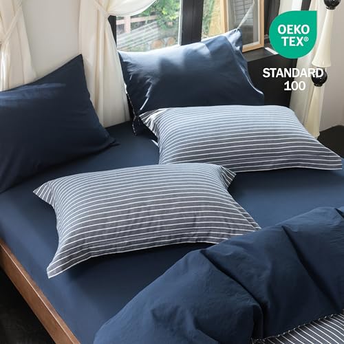 Reversible Navy Blue Striped Queen Duvet Cover Set - 100% Washed Cotton 3-Piece